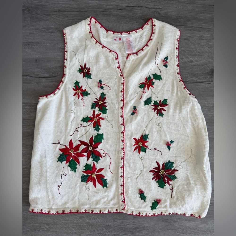 Vintage Holiday Poinsettia Embroidered Sweater Vest – Size 3X